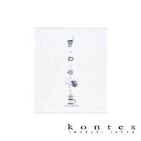 白色二層紗紗布巾，印有藍色線條咖啡沖泡過程圖案，包括咖啡杯、濾杯、水壺和文字「Let's have a coffee break」。