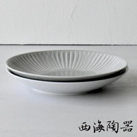 波佐見燒 FUWARI 兩件式主食盤，上層為灰色扇形紋路、下層為白色，兩者皆為陶瓷材質，呈現簡約的設計風格。