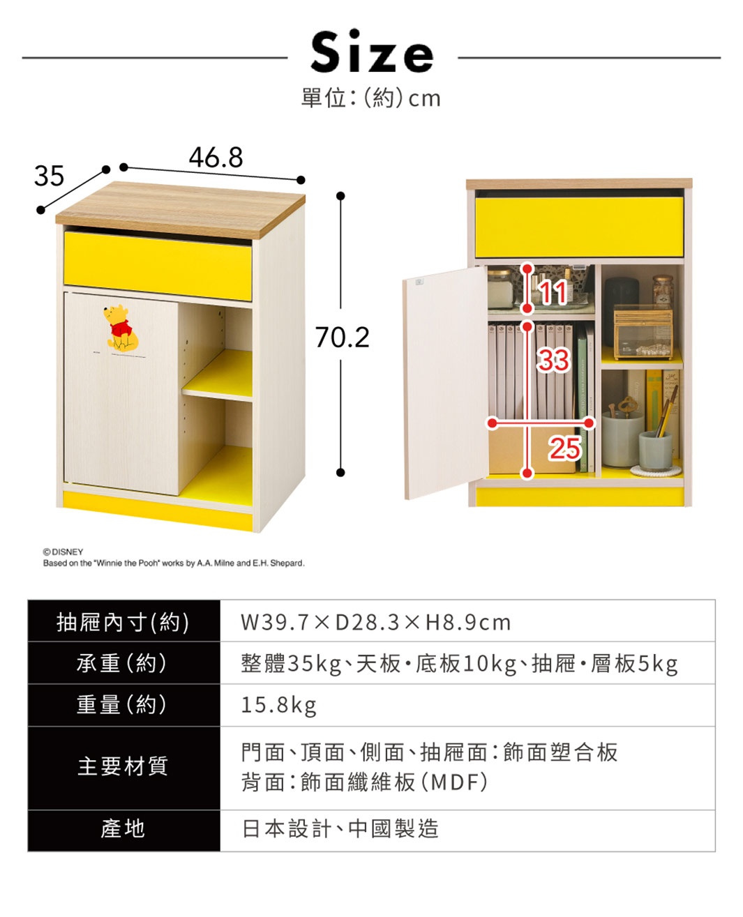 迪士尼系列木質五格桌邊收納櫃，主體為白色，搭配黃色抽屜及層板，木紋頂部，左側門板印有維尼小熊圖案，附有尺寸標示。