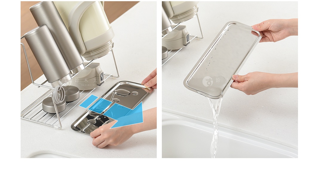 一個附有托盤的不銹鋼瀝水架，上面放著兩個保溫瓶，托盤正在被沖洗。