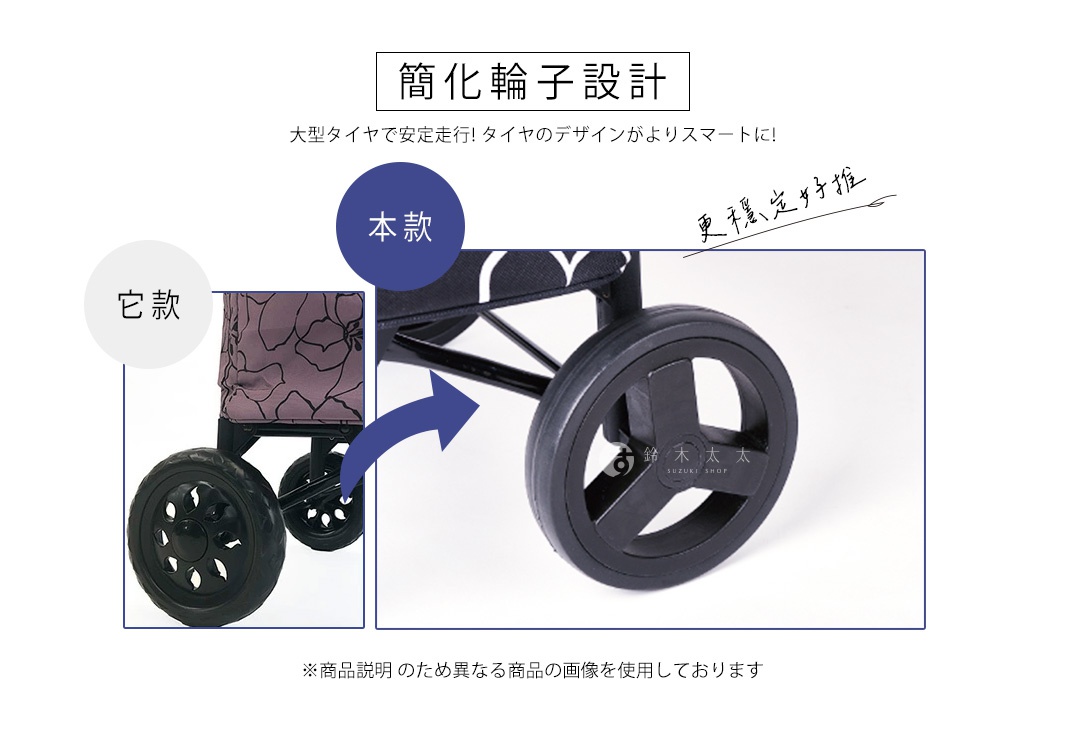 輕量折疊購物車的特寫，展示其黑色輪胎和印有花紋的布質購物袋。