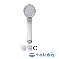 白色嬰兒蓮蓬頭，帶有灰色圓形蓮蓬頭，以及調節按鈕。產品包含兩個白色轉接頭和一個黑色O型環。