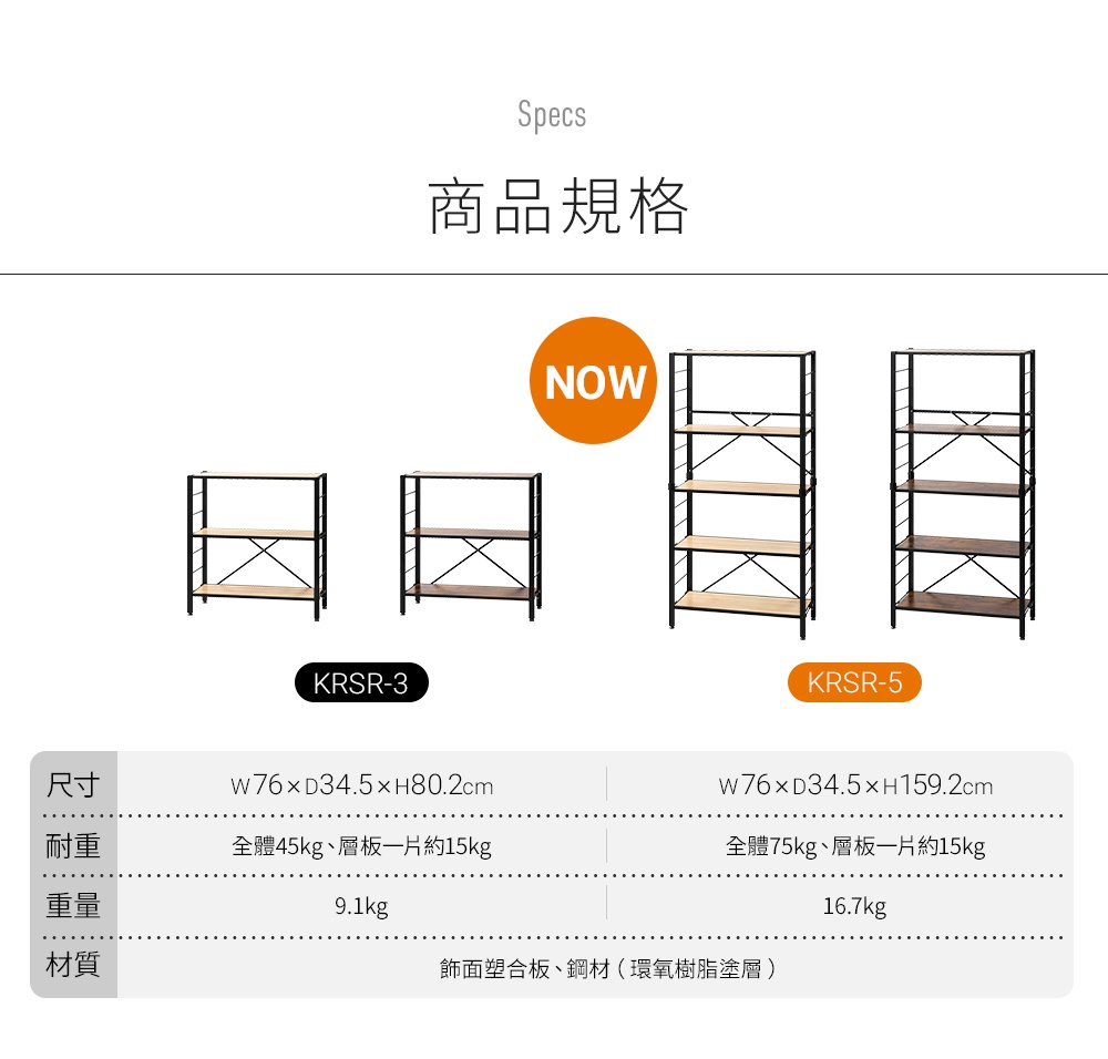 IRIS OHYAMA 萬能摺疊層架 KRSR-5 商品規格，包含不同尺寸的層架展示、尺寸、耐重、重量與材質等資訊。