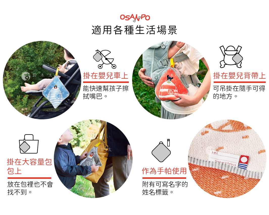 圖片文字：OSANPO適用各種生活場景。掛在嬰兒車上，能快速幫孩子擦拭嘴巴。掛在嬰兒背帶上，可吊掛在隨手可得的地方。掛在大容量包包上，放在包裡也不會找不到。作為手帕使用，附有可寫名字的姓名標籤。