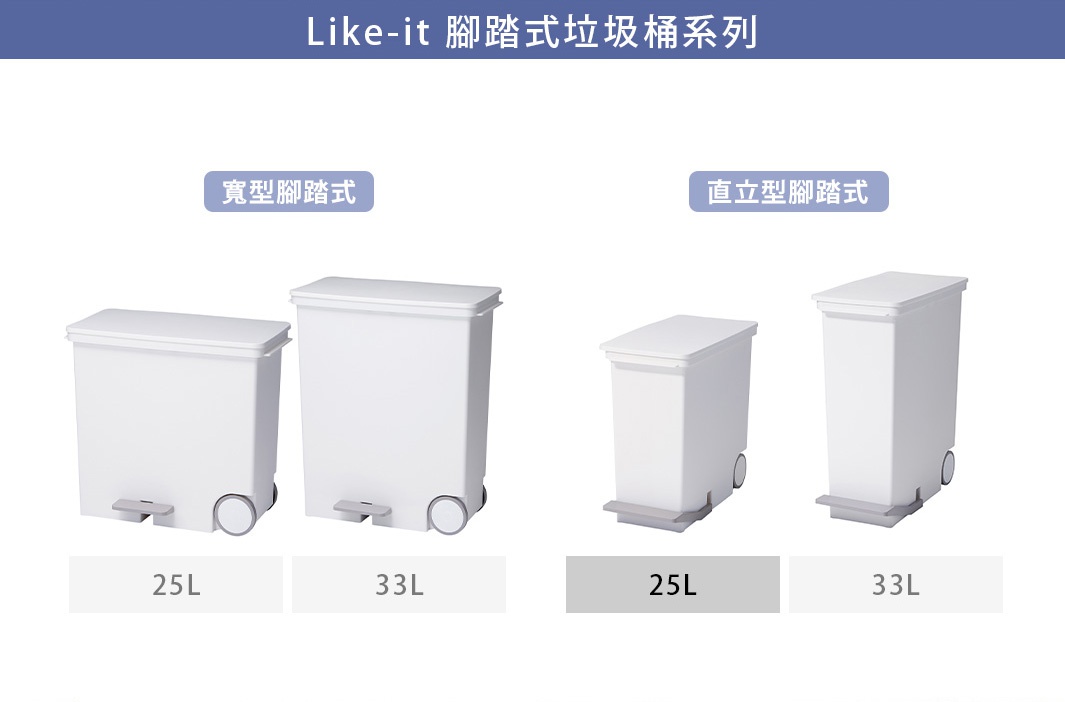 白色直立型腳踏式垃圾桶，容量25L，配有腳踏板和兩個輪子。