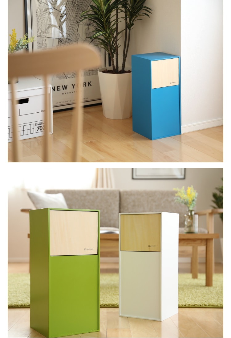 DOORS mini 純手工木製前開式迷你型垃圾桶，8公升容量，此款為綠色與原木色組合，另一款為藍色與原木色組合，皆採前開式設計。