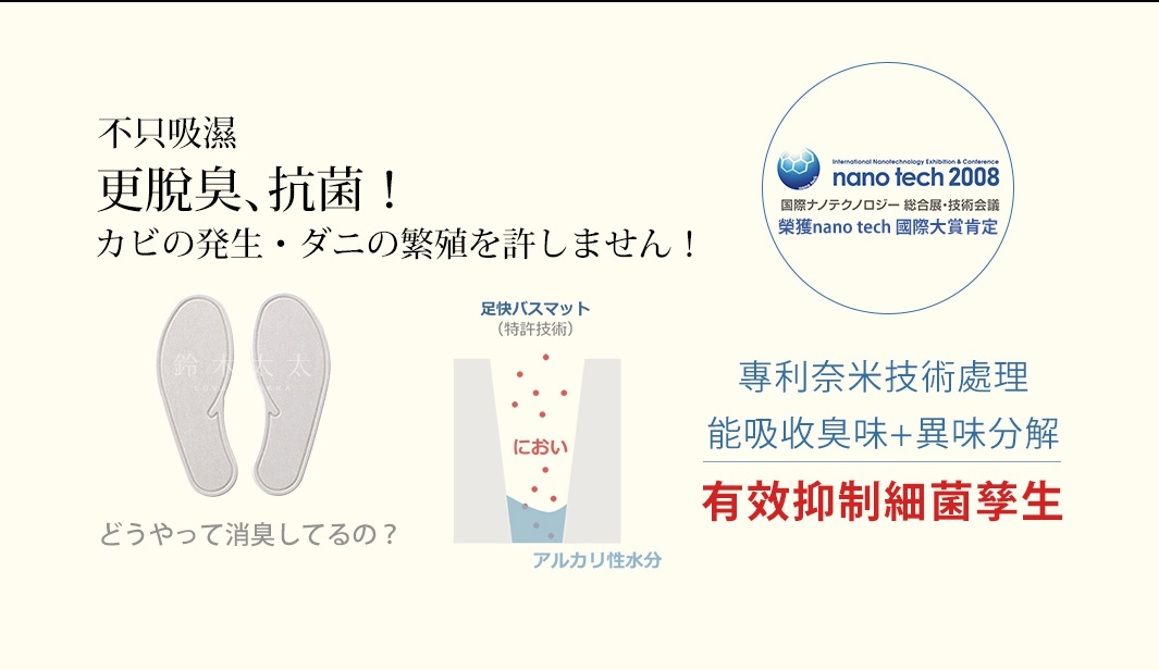 圖片文字：不只吸濕，更脫臭、抗菌！カビの発生・ダニの繁殖を許しません！專利奈米技術處理，能吸收臭味+異味分解，有效抑制細菌孳生。