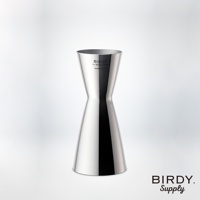 銀色不鏽鋼雙頭刻度量酒器，兩端分別為30毫升與60毫升容量，中間腰身設計，表面光滑，印有「BIRDY by Erik Lorincz」及「MADE IN JAPAN」字樣。