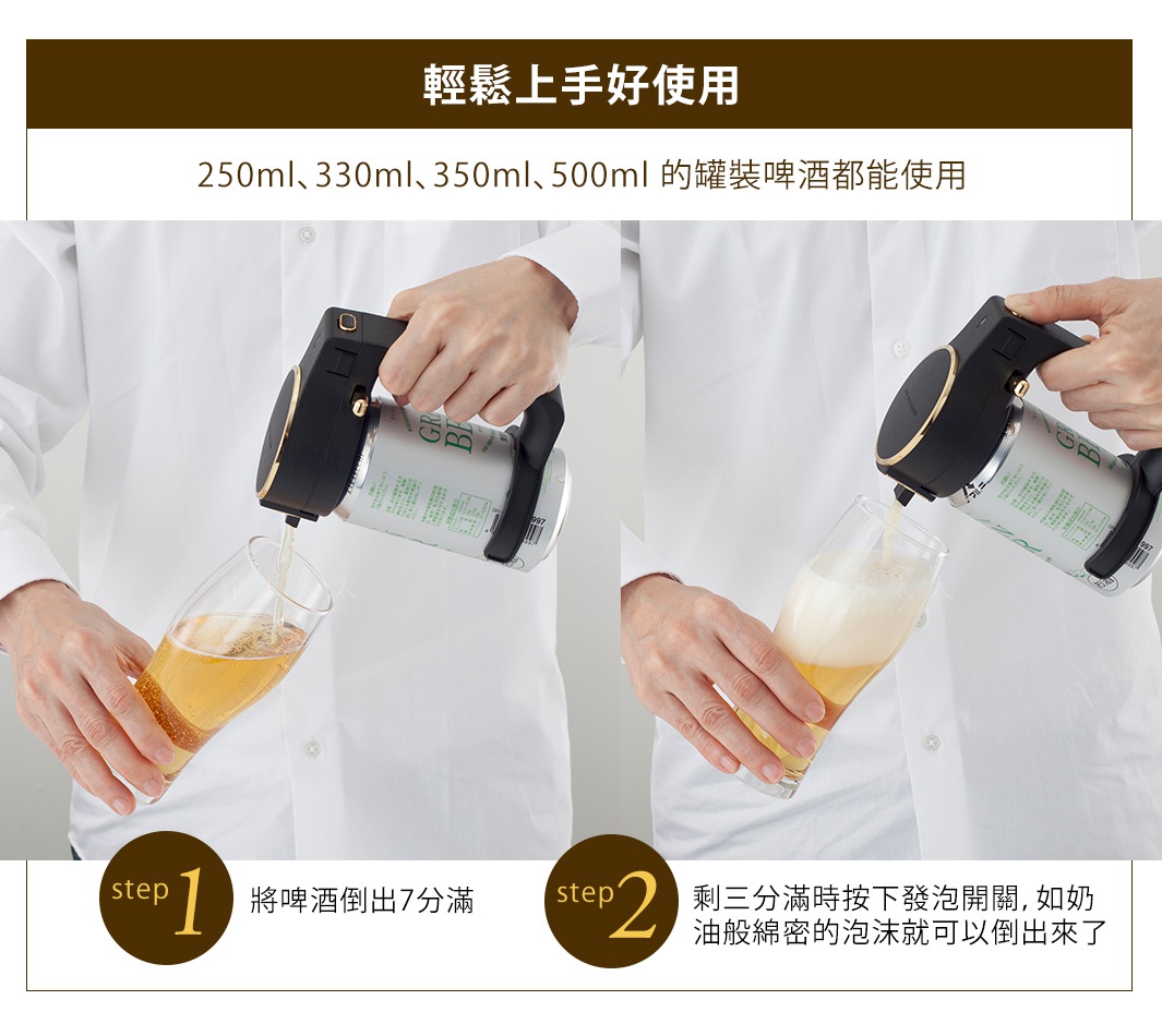 兩人手持黑色與金色音波啤酒金泡機，將啤酒從罐裝啤酒中倒入玻璃杯，其中一杯已倒至七分滿，另一杯則正產生細緻綿密的泡沫。