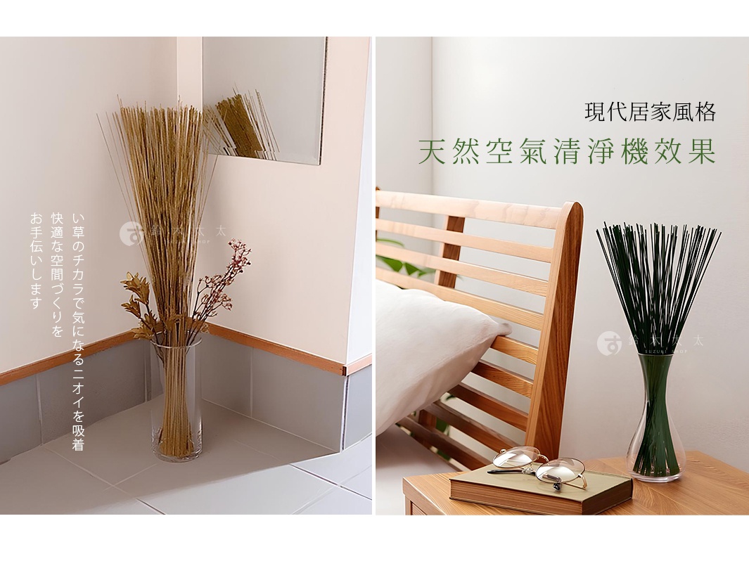 兩束天然藺草清淨棒，一束為金黃色，置於透明玻璃花瓶中，搭配乾燥小花；另一束為深綠色，置於綠色玻璃花瓶中。