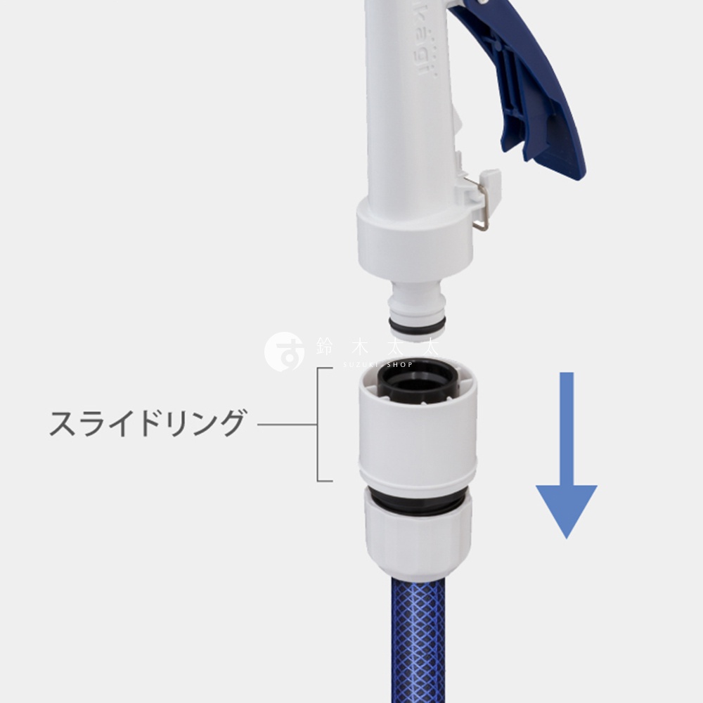 白色五段調節噴嘴與藍色手柄，下方連接白色滑動環及藍色網狀水管。