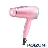 粉紅色 KOIZUMI KHD-9600 大風量負離子吹風機，具有銀色網狀出風口和透明風嘴，機身光滑，帶有調節開關。