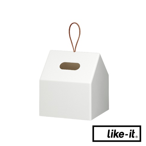 白色小屋形衛生紙盒，頂部有皮質提把，側面有一個長方形開口。