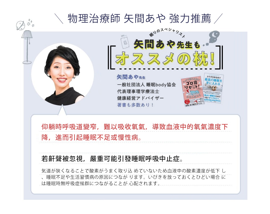 物理治療師 矢間あや 強力推薦

仰躺時呼吸道變窄，難以吸收氧氣，
導致血液中的氧氣濃度下降，
進而引起睡眠不足或慢性病。

若鼾聲被忽視，
嚴重可能引發睡眠呼吸中止症。