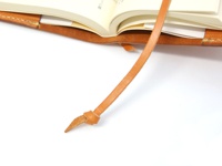 淺棕色皮革製的書套，內有書本，書套上有一條皮革繩，繩末端打結。