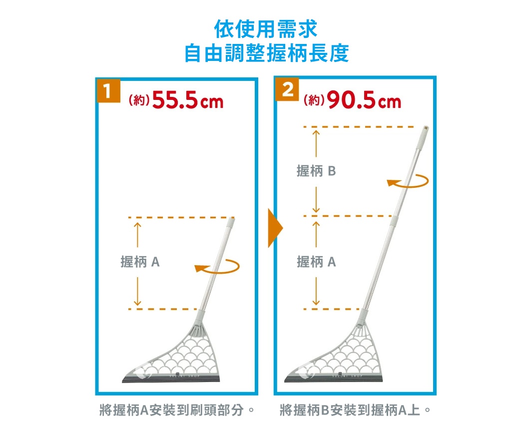 展示兩款不同長度的掃帚，掃帚頭為灰色網狀設計，手柄為銀色金屬材質。左側掃帚長度為 55.5 公分，顯示握柄 A 安裝到刷頭部分。右側掃帚長度為 90.5 公分，顯示握柄 B 安裝到握柄 A 上。