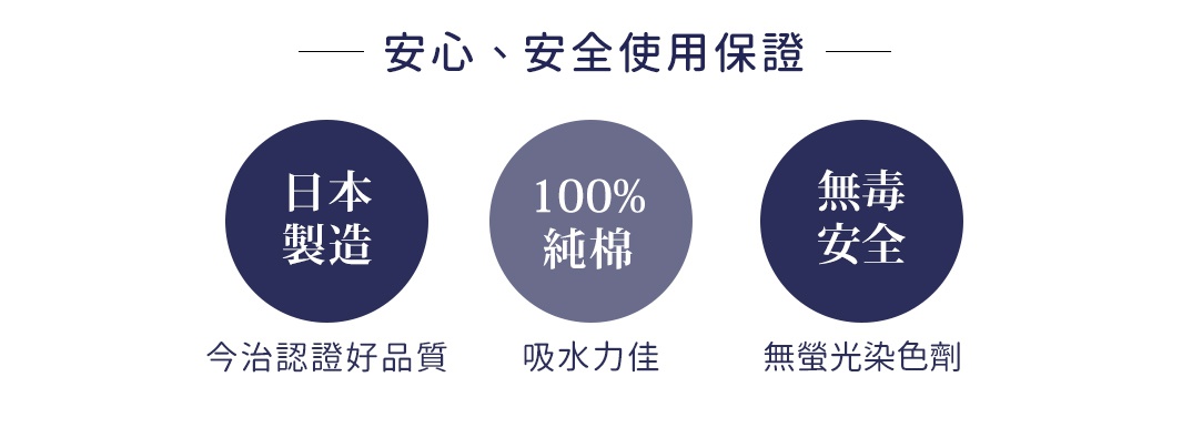 安心、安全使用保證，日本製造，100%純棉，無毒安全