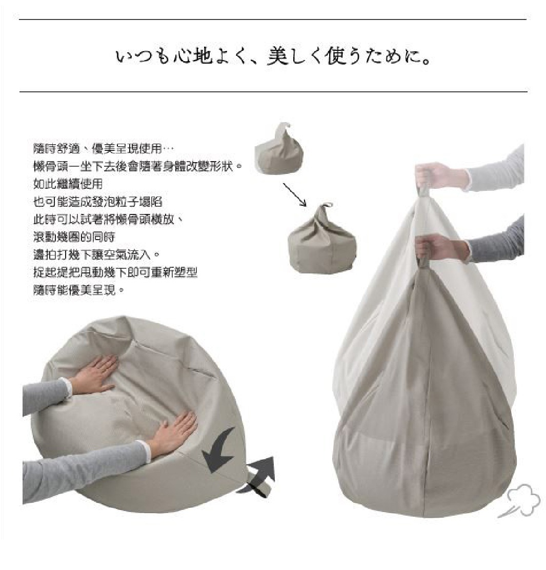 淺灰色皮革款懶骨頭沙發，展示其柔軟可塑的特性，可隨使用者身體變化形狀，並示範如何透過拍打或提起恢復飽滿外觀。