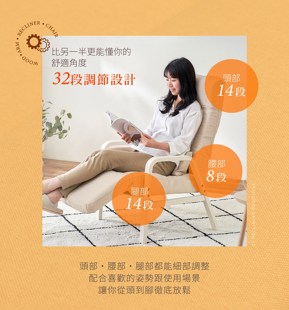 一位女性坐在米白色布藝木質扶手躺椅上閱讀，躺椅具有頭部14段、腰部8段、腿部14段的多段調節設計。