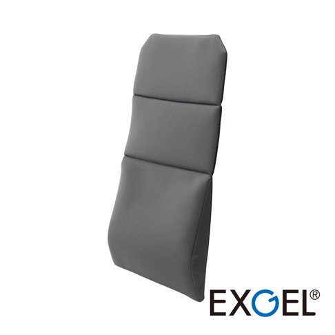 這款日本 EXGEL 品牌的汽車用透氣長背墊，外觀呈現灰色，採用符合人體工學的弧形設計，底部較厚以提供腰部支撐，並向上逐漸變薄，表面具有細緻紋理，整體設計簡約適合安裝於汽車座椅上。