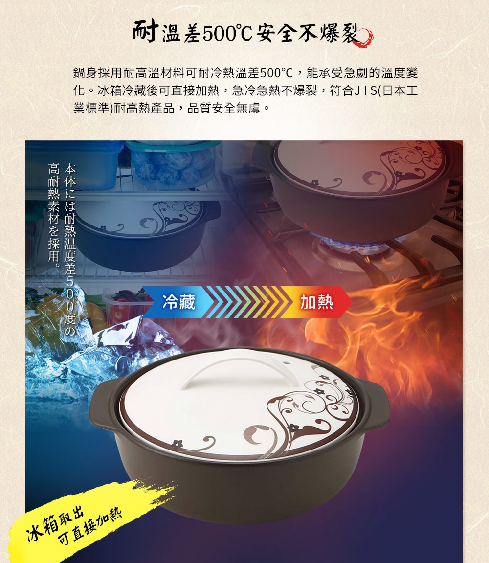 IH系列6.5號耐溫差陶土湯鍋，容量1.67L，鍋身為深棕色陶土材質，鍋蓋為白色，飾有深棕色捲曲花紋。圖片呈現湯鍋從冰箱取出後置於爐火上加熱的場景，強調其耐溫差的特性。