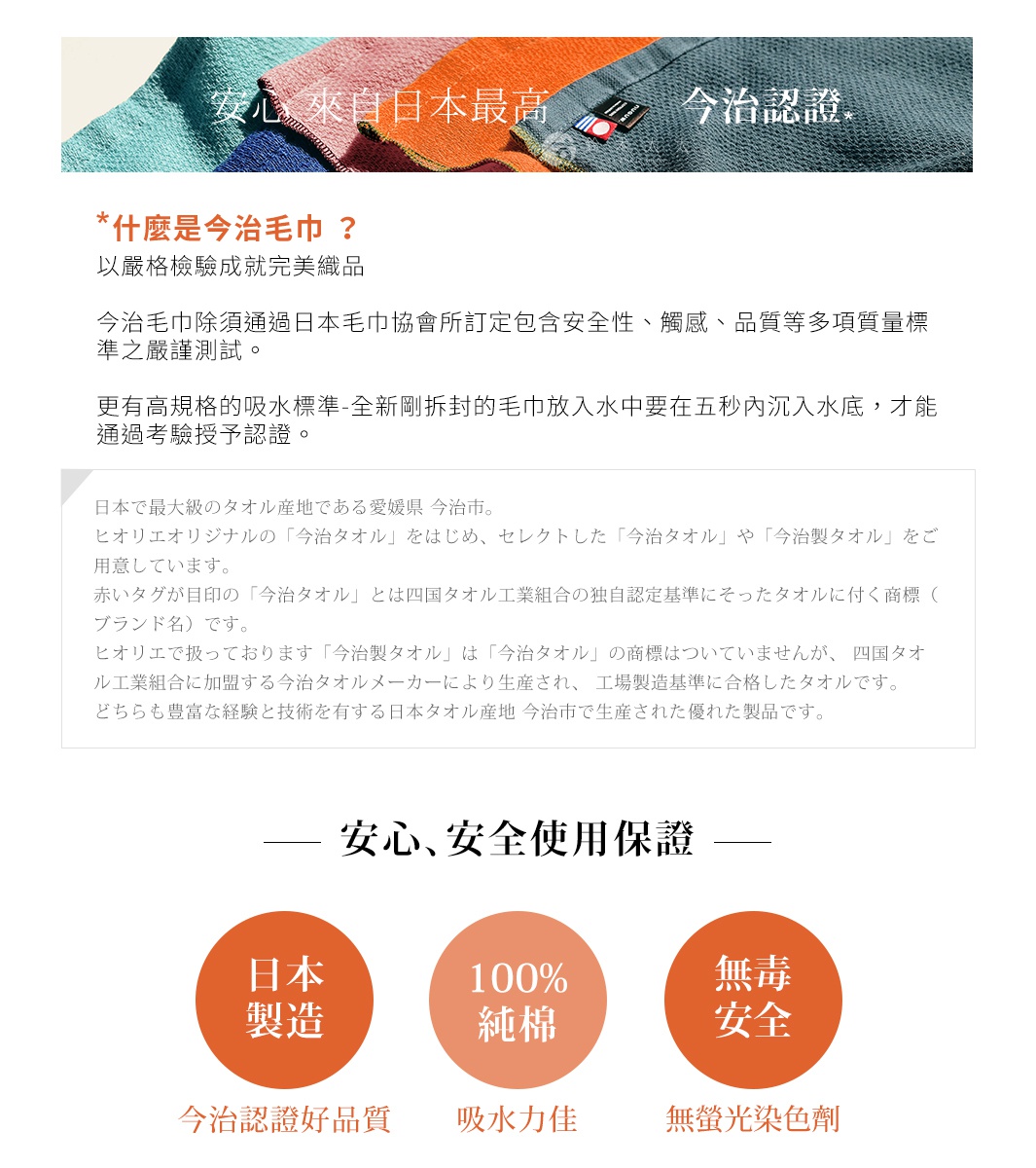 圖片文字：安心來自日本最高今治認證，什麼是今治毛巾？以嚴格檢驗成就完美織品，今治毛巾除須通過日本毛巾協會所訂定包含安全性、觸感、品質等多項質量標準之嚴謹測試，更有高規格的吸水標準，全新剛拆封的毛巾放入水中要在五秒內沉入水底，才能通過考驗授予認證。日本最大級的毛巾產地愛媛縣今治市，提供今治認證毛巾及今治製毛巾。安心安全使用保證，日本製造、100%純棉、無毒安全，品質保證、吸水力佳、無螢光染色劑。