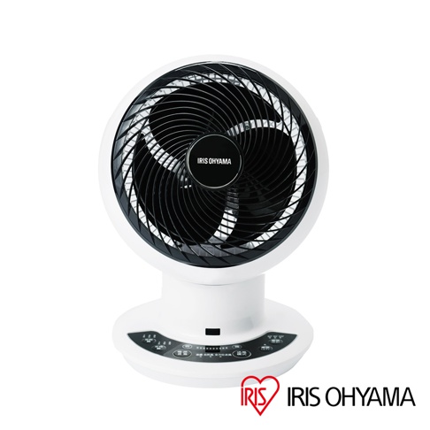 白色IRIS OHYAMA空氣循環扇，黑色扇葉與網罩，底座設有多個功能按鈕，整體為簡潔的現代設計。