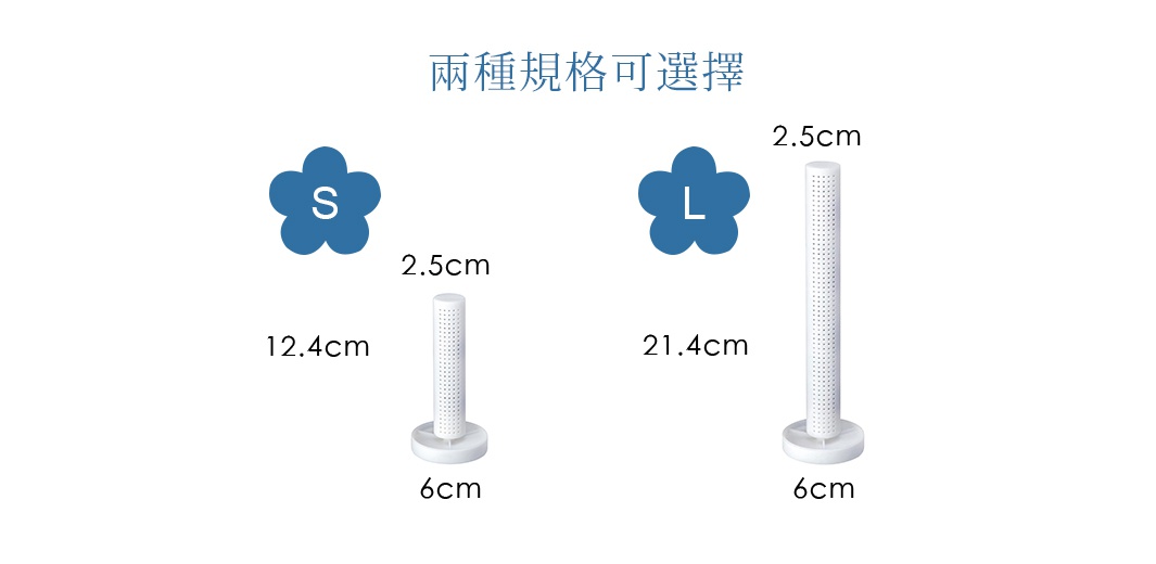 兩款白色珪藻土瓶罐瀝水架，分別為 S 尺寸（高 12.4cm）和 L 尺寸（高 21.4cm），皆為圓柱形且有密集小孔，底部為圓形底座。