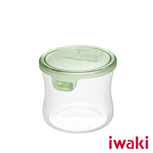 透明耐熱玻璃圓形保鮮盒，帶淺綠色密封蓋，盒身呈微彎狀，容量 240ml。