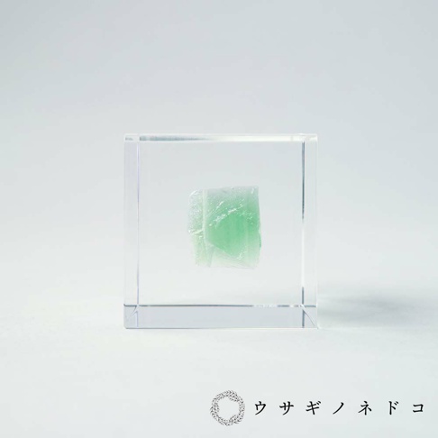 透明立方體中展示著一塊綠色螢石礦石，其表面呈現出層疊紋理。