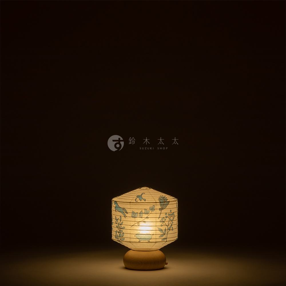 八女迷你裝飾提燈，燈罩為淡黃色紙質，印有藍色花鳥圖案，底部為木質底座，燈光溫暖。