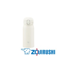 奶油色不鏽鋼一體式中栓彈蓋式真空保溫保冷杯，配有白色杯蓋和銀色按鈕。杯身光滑，底部印有淺藍色象形圖案Logo。