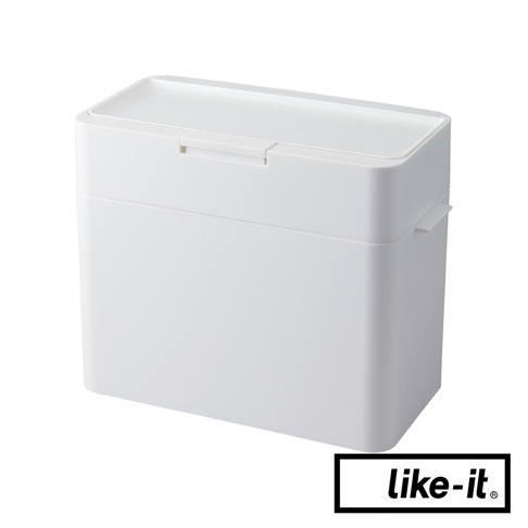 白色塑膠方形垃圾桶，有按壓式開啟的頂蓋，側面有提把。