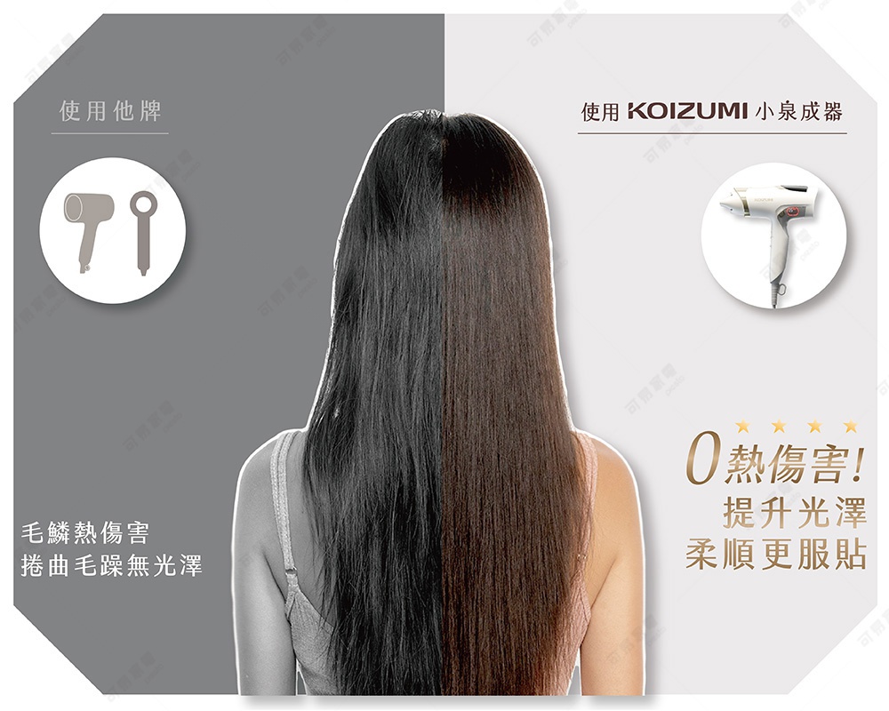 使用KOIZUMI小泉成器吹風機，零熱損傷，提升光澤，柔順更服貼，與他牌吹風機相比，秀髮更健康。