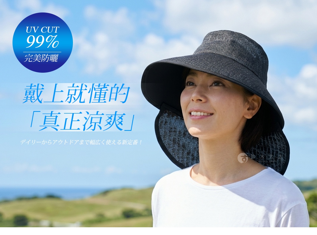 一位女性配戴著黑色寬緣遮陽帽，帽子後方有可拆卸的遮陽簾設計，背景為明亮的藍天與戶外草地。圖片上標註具備百分之九十九的抗UV防曬功能，強調適合日常至戶外活動的涼爽透氣穿戴體驗。