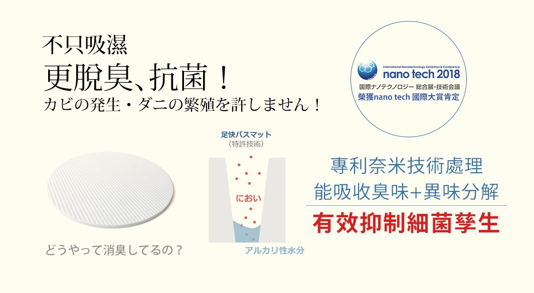 白色圓形珪藻土置物墊，表面有細緻的條紋紋理。一旁示意圖顯示其吸收異味與鹼性水分，並註明獲得 nano tech 國際大賞肯定。