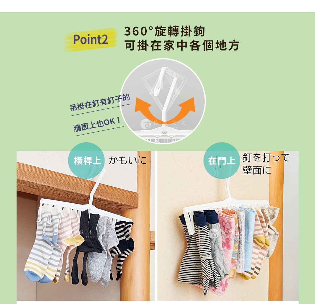 Point 2 
360°旋轉掛鉤   
可掛在家中各個地方
吊掛在釘有釘子的牆面上也OK！

在浴室

在門上

 橫桿上

椅子上

