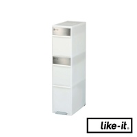 白色五層式分類垃圾桶，透明抽屜設計，頂部有金屬飾條，底部有腳踏板。