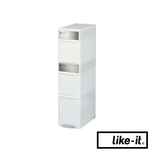 白色五層式分類垃圾桶，透明抽屜設計，頂部有金屬飾條，底部有腳踏板。