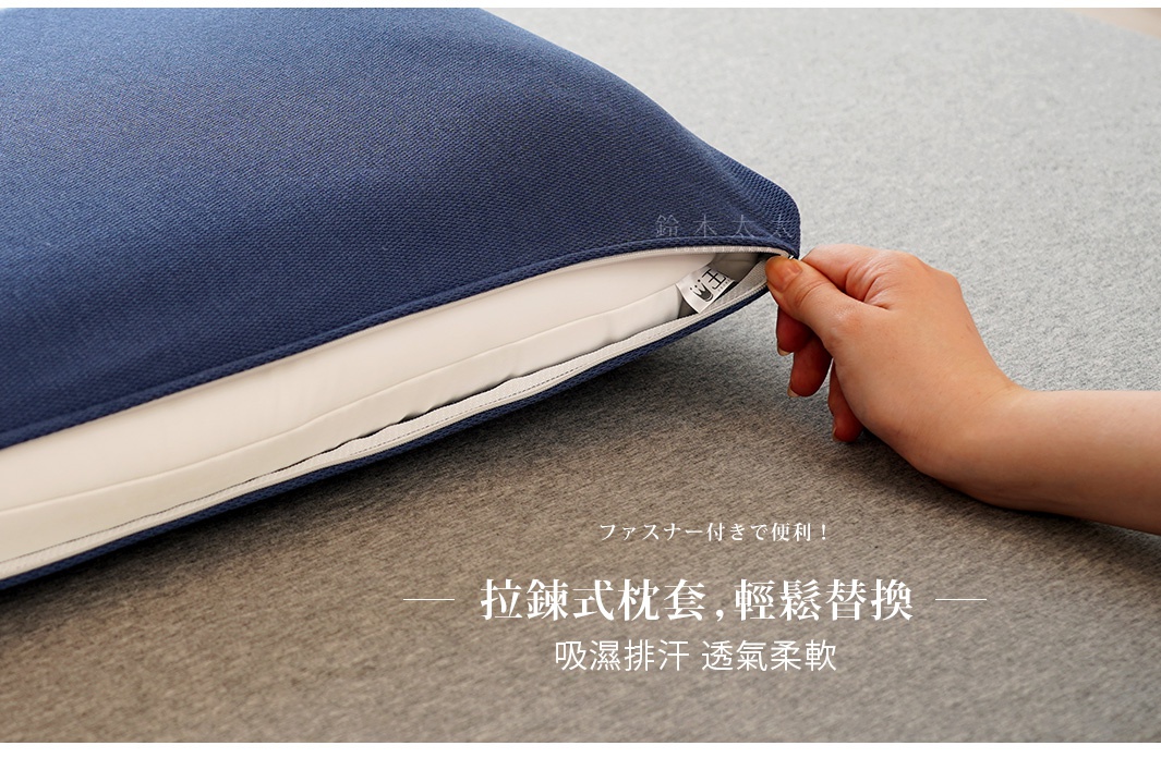 深藍色拉鍊式枕套，材質為細緻織物，展現吸濕排汗、透氣柔軟的特點，方便替換。
