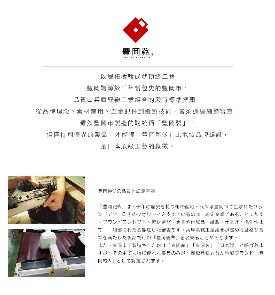 圖片文字：豐岡鞄®的品質和認定基準「豐岡鞄®」是、千年的歷史を持つ鞄の産地・兵庫県豊岡市で生まれたブランドです。□□ そのクオリティを支えているのは、認定企業であることに加え、ブランドコンセプト、素材選び、金具や付属品、縫製、仕上げ、操作性まで、一細部にわたる徹底した審査です。兵庫県鞄工業組合が定める厳格な基準を満たした製品だけが「豐岡鞄®」を名乗ることができます。また、豊岡市で製造された鞄は「豊