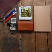 深棕色皮革小物收納袋，附有金色金屬鈕扣，旁邊是幾張拍立得照片、一支多色原子筆、藍色及紅色筆，以及一個白色音樂播放器和耳機，還有一個牛皮紙筆記本。