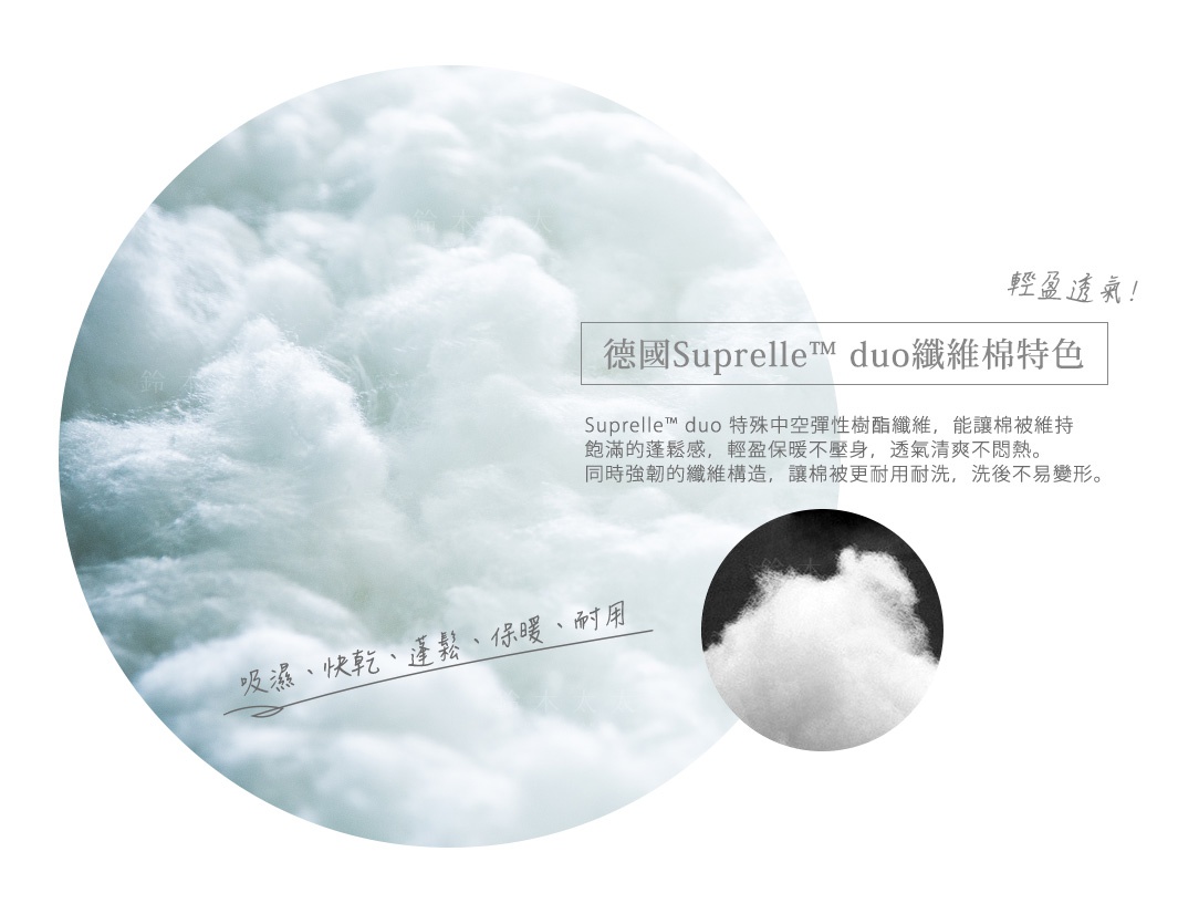 德國 Suprelle™ duo 纖維棉，蓬鬆柔軟的白色填充物，呈現輕盈透氣的質感，適合四季使用。