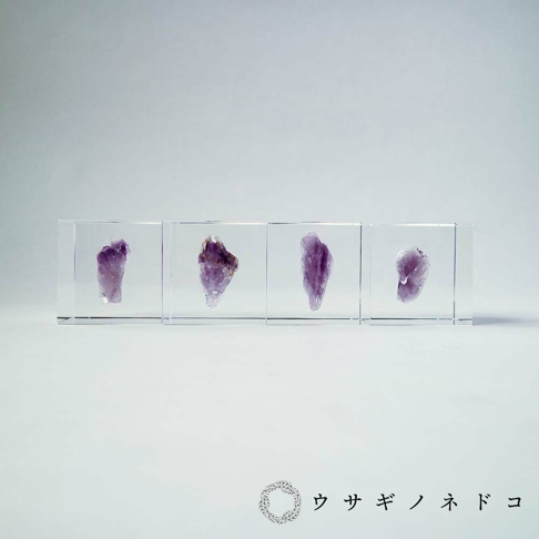 四個透明立方體壓克力塊，每個塊中各封存著一塊紫水晶原礦，呈現深淺不一的紫色，表面帶有天然結晶紋理。