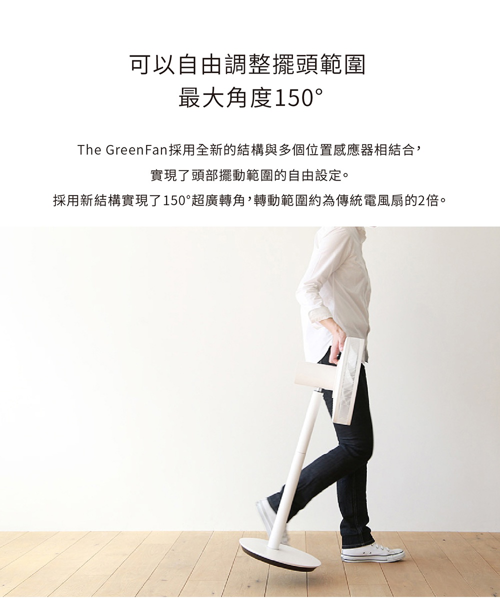 The GreenFan 風扇（白X金 限量色），白色扇葉，白色圓形底座，白色直立式支架，由一位穿著白色襯衫和黑色長褲的女士展示。