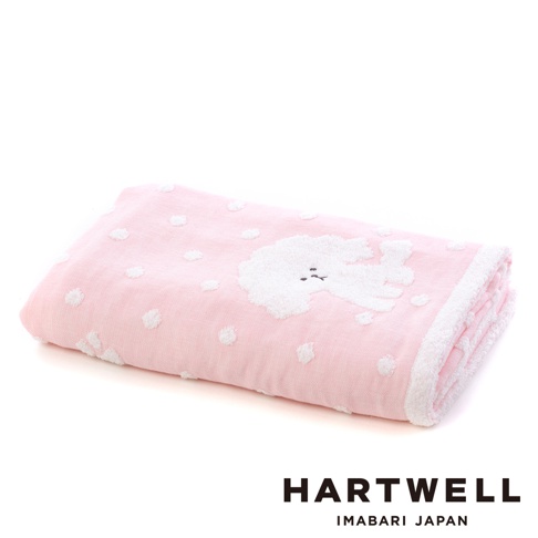 COCO醬今治純棉點點紗布浴巾，粉色，表面織有白色圓點紋及可愛的白色貴賓犬圖案，材質為純棉紗布。