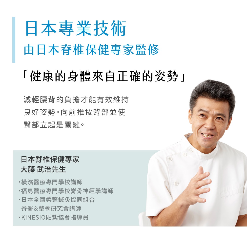 日本脊椎保健專家穿著白色短袖醫師服，左手向上伸出，右手食指指向前方，面帶微笑，背景為白色與淺藍色區塊，印有日文文字。