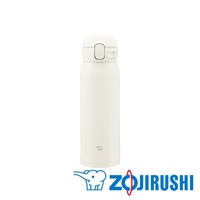 0.48L不鏽鋼一體式中栓彈蓋式真空保溫保冷杯，象印品牌，白色，杯身有品牌象形標誌，搭配白色彈蓋與鎖扣。