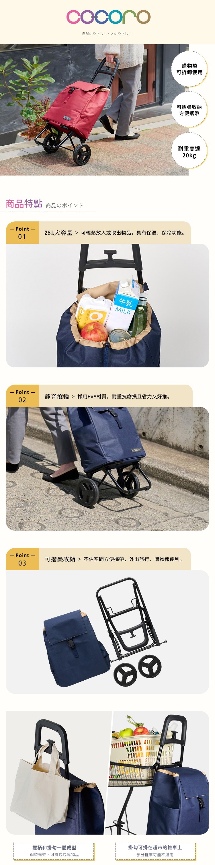 圖片文字：COCORO 購物袋可拆卸使用 可摺疊收納方便攜帶 耐重高達20kg 商品特點 Point 01 25L大容量 可輕鬆放入或取出物品 具有保溫 保冷功能 Point 02 靜音滾輪 採用EVA材質 耐重抗磨損且省力又好推 Point 03 可摺疊收納 不佔空間方便攜帶 外出旅行 購物都便利 握柄和掛勾一體成型 鋼製框架 可掛包包等物品 掛勾可掛在超市的推車上 部分推車可能不適用