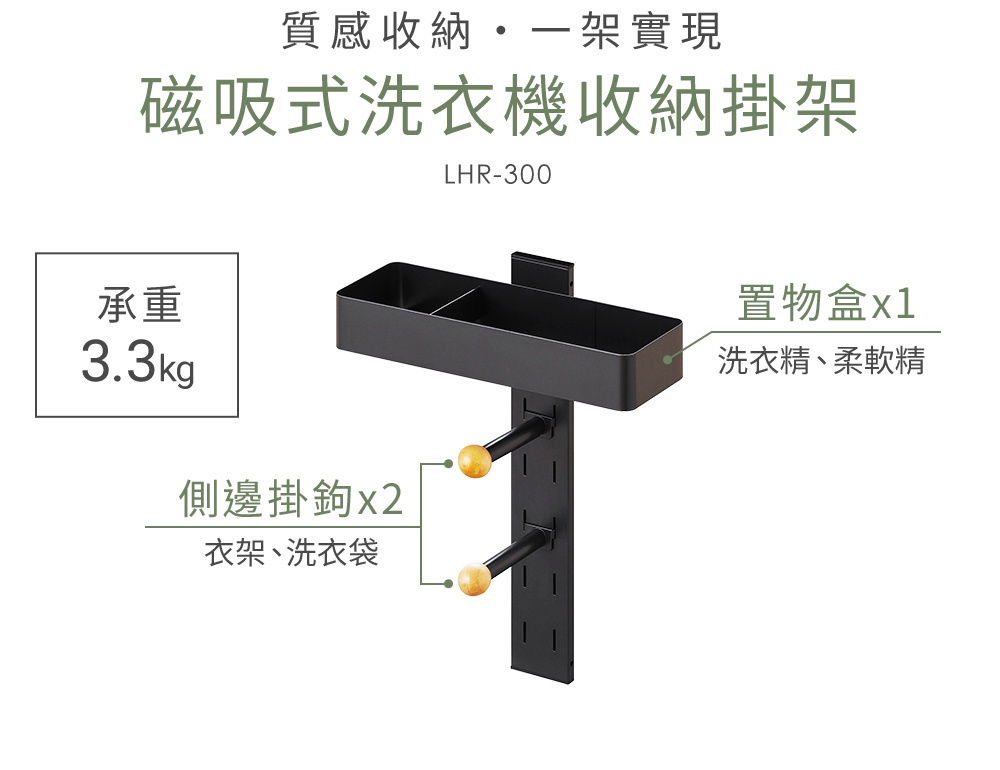黑色金屬磁吸式洗衣機收納掛架，包含一個長方形置物盒和兩個側邊掛鉤，適合放置洗衣精、柔軟精、衣架或洗衣袋。